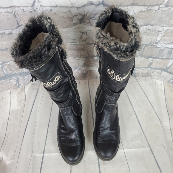 s.Oliver  Winter Tall Leather Boots Lined Faux Fur Black Size 38 - Picture 5 of 16